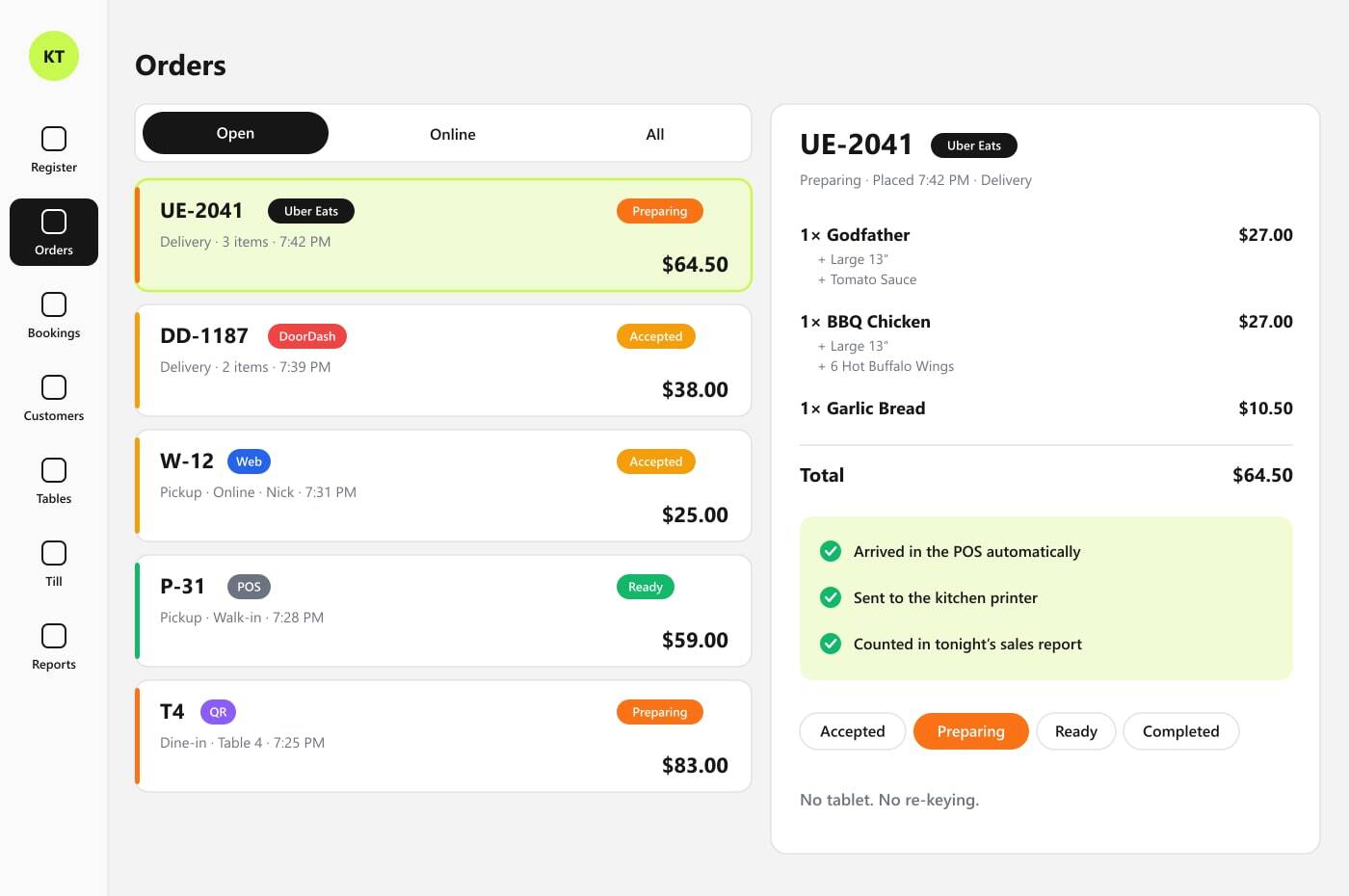 Illustration of Uber Eats and DoorDash orders appearing in the Kokipay POS orders list beside web, QR and counter orders