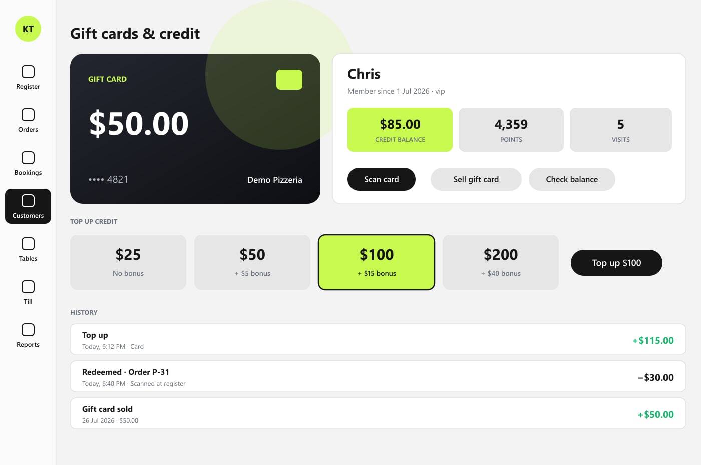 Illustration of Kokipay gift cards and member credit: a gift card, credit balance and top-up amounts with bonuses