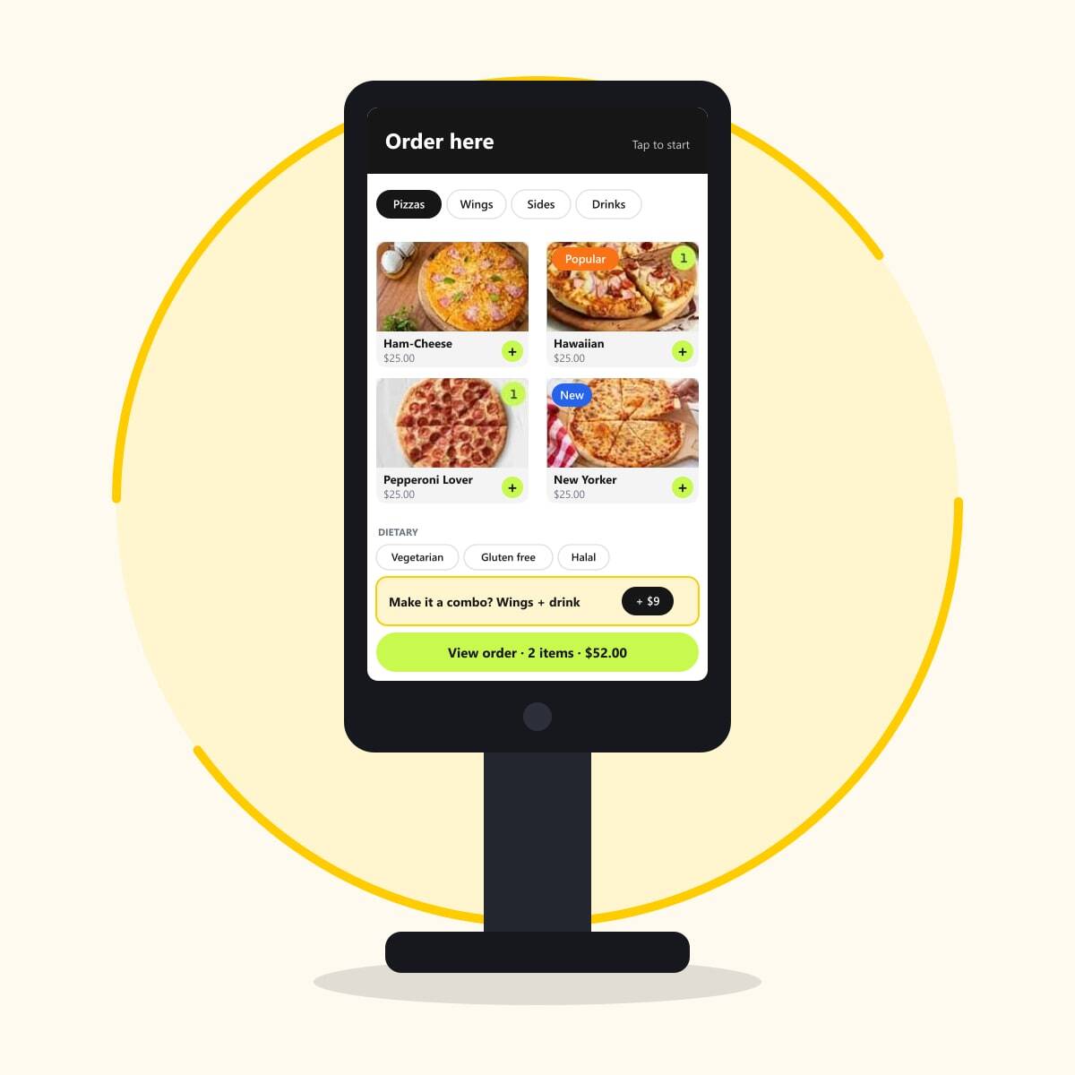 Illustration of a freestanding self-ordering kiosk showing a photo menu, dietary filters and a combo upsell