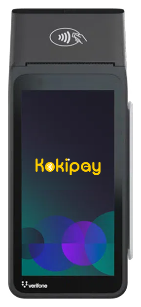 The Kokipay EFTPOS terminal, a handheld touchscreen device showing the Kokipay logo