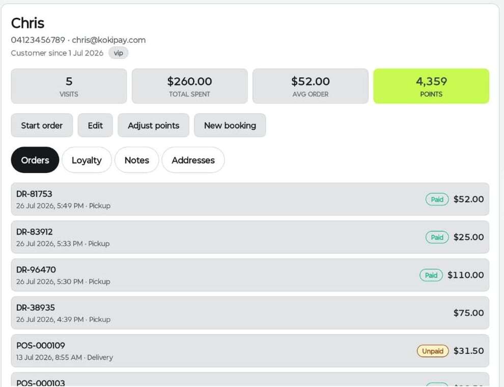 Kokipay customer profile showing loyalty points, visits and total spent