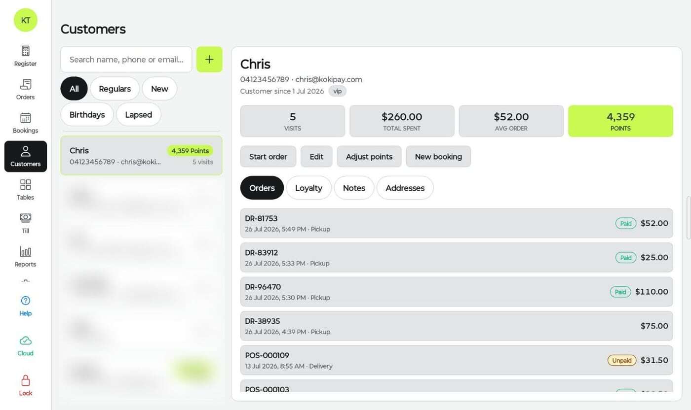 Kokipay customers screen with segments for regulars, new, birthdays and lapsed