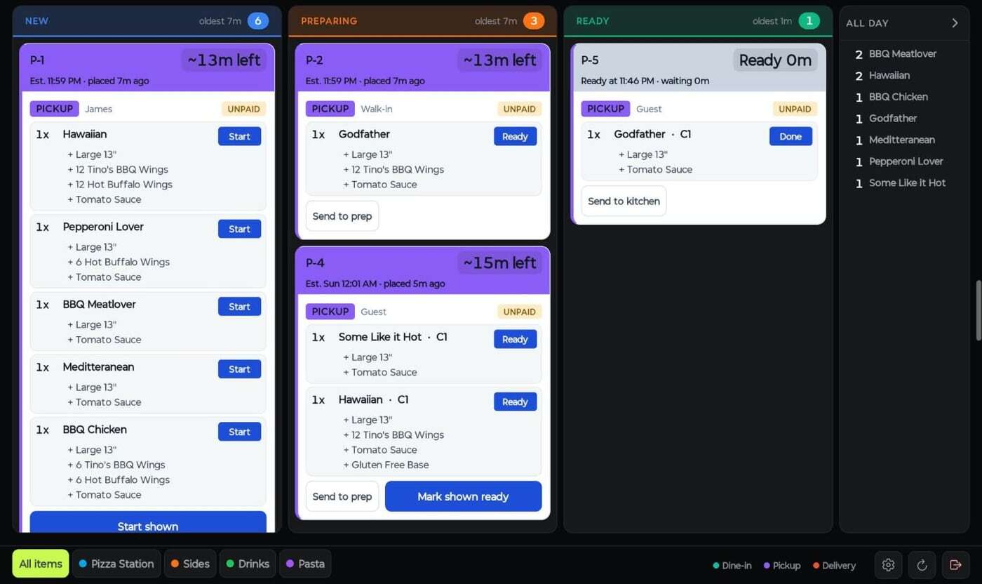 Kokipay kitchen display showing new, preparing and ready orders with timers