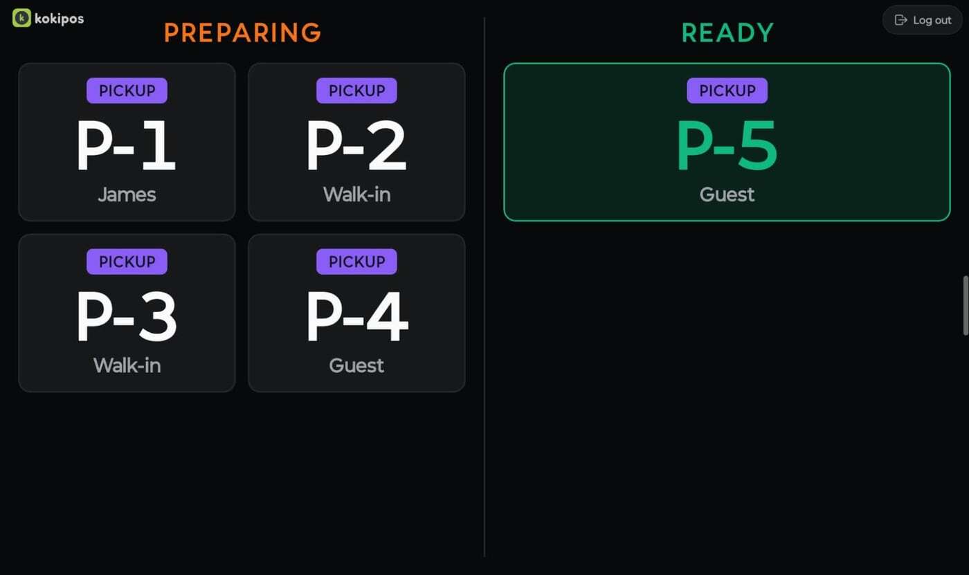 Customer-facing order status screen showing preparing and ready orders