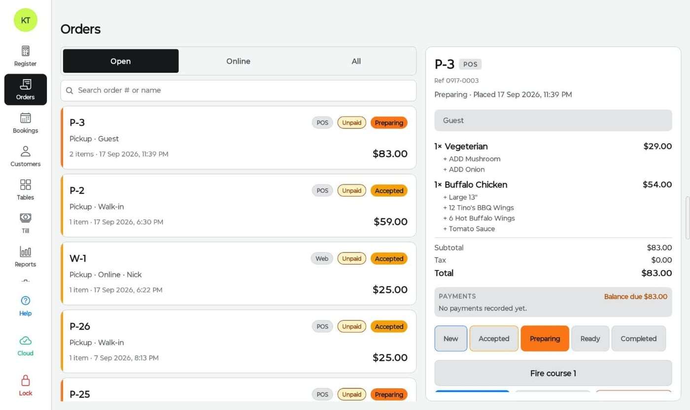 Kokipay POS orders screen showing web and POS orders together