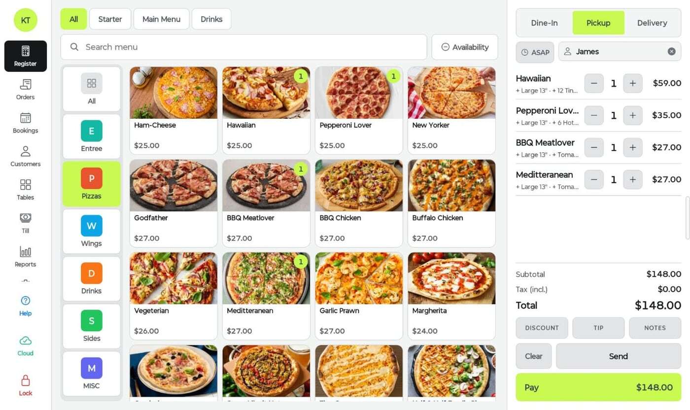 Kokipay Smart POS register with menu photos, categories and a pickup order
