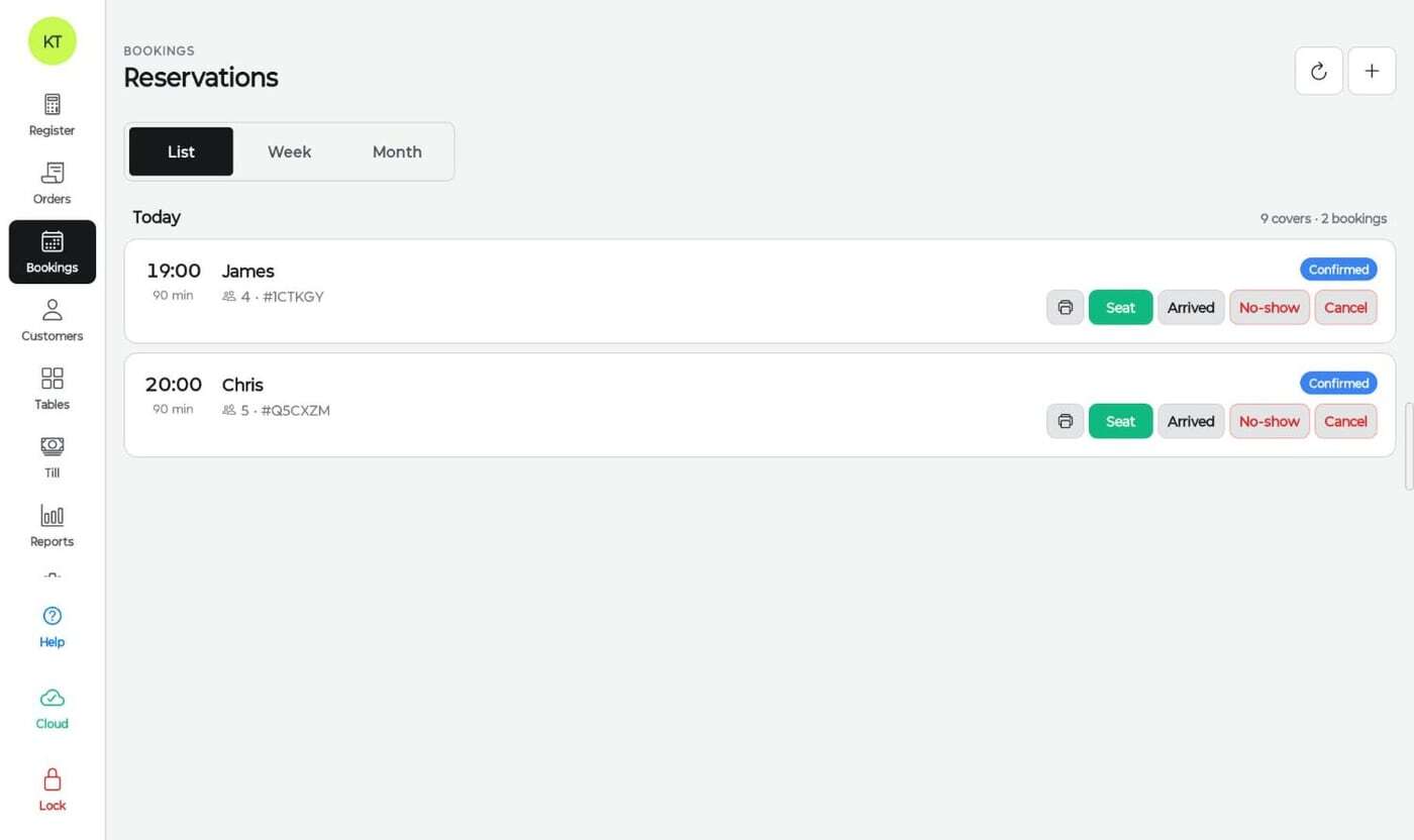 Kokipay reservations list showing confirmed bookings with seat, arrived, no-show and cancel actions