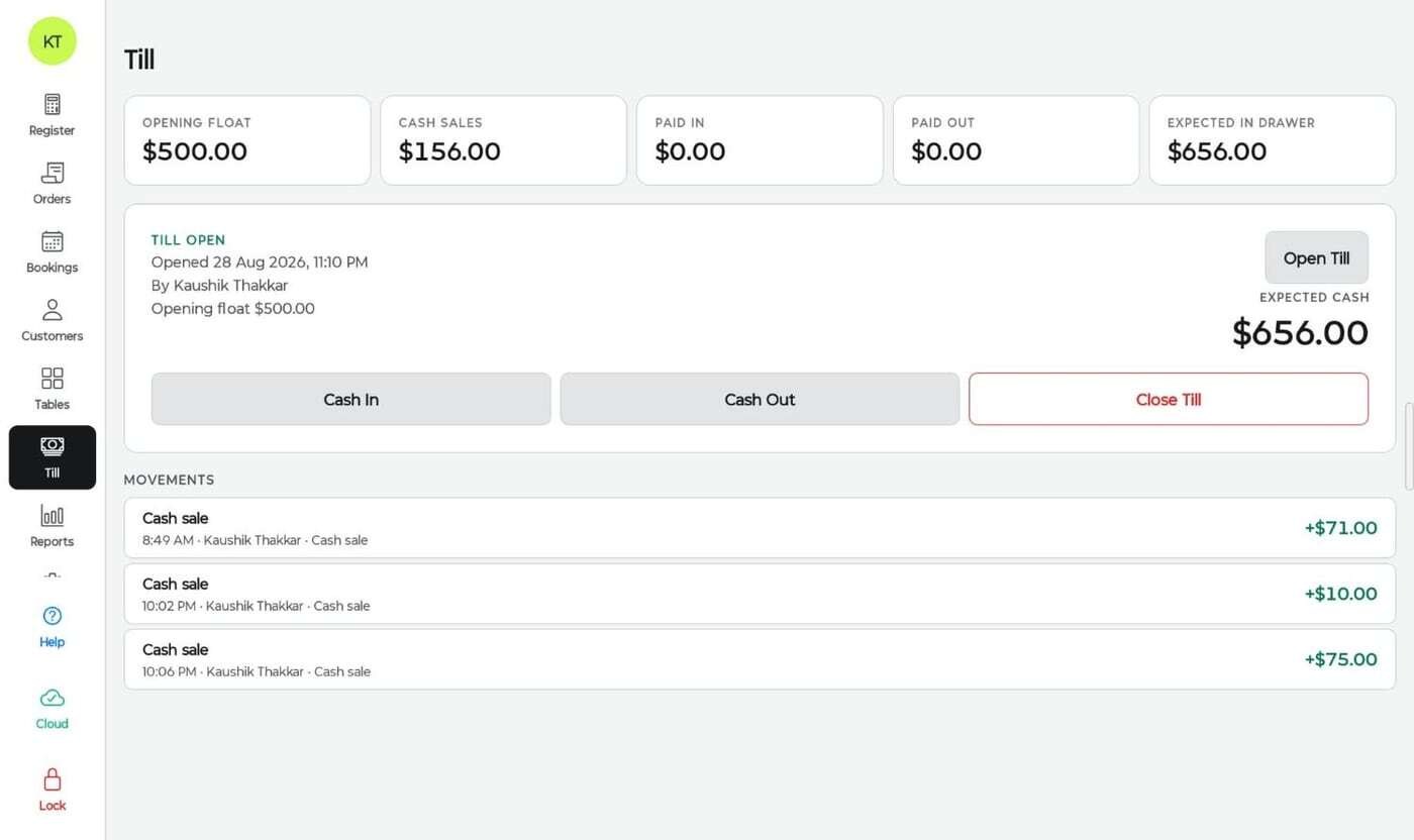 Kokipay till screen with opening float, cash sales, expected cash and cash movements
