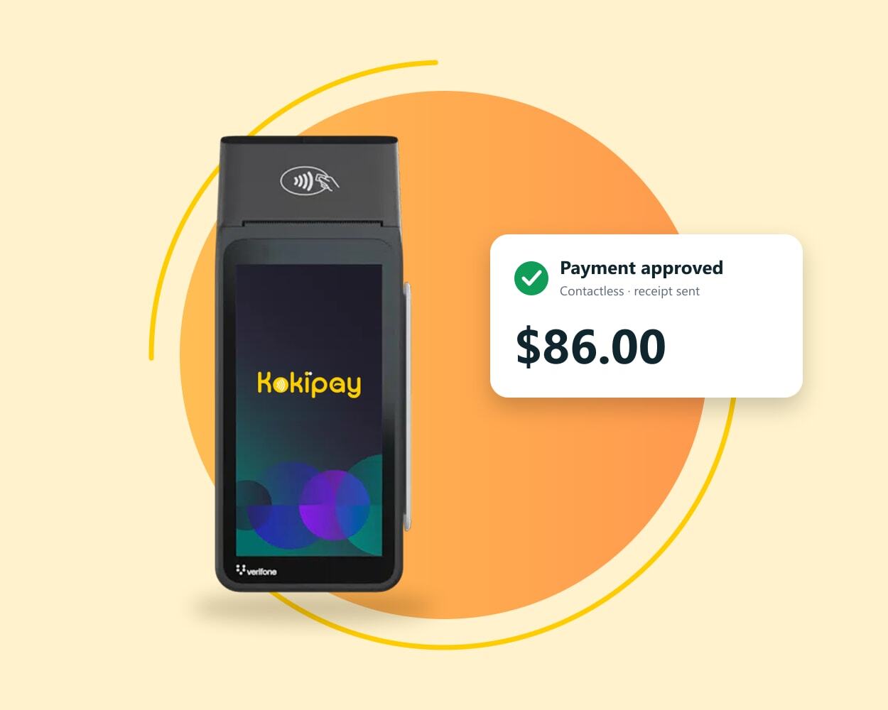 Kokipay EFTPOS terminal beside a payment approved notification for $86.00